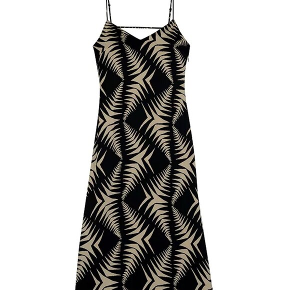 NEW | BA&Sh Geometric Print Viscose Midi Slip Dress Black Tan Leaf Napi  S - Picture 2 of 8